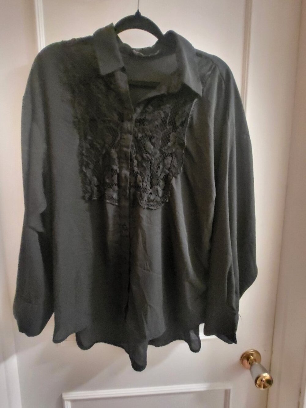 Zara Black Combination Flowy Lace Button Down Shirt - Large